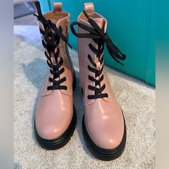 Limelight Pink and Black Combat Moto Boots with Glossy Finish - Picture 6 of 6